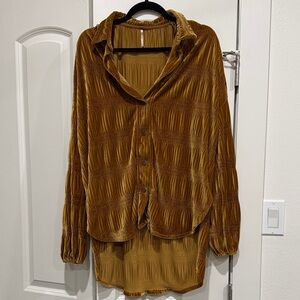 Free People Velvet Button-Down Shirt in Tan